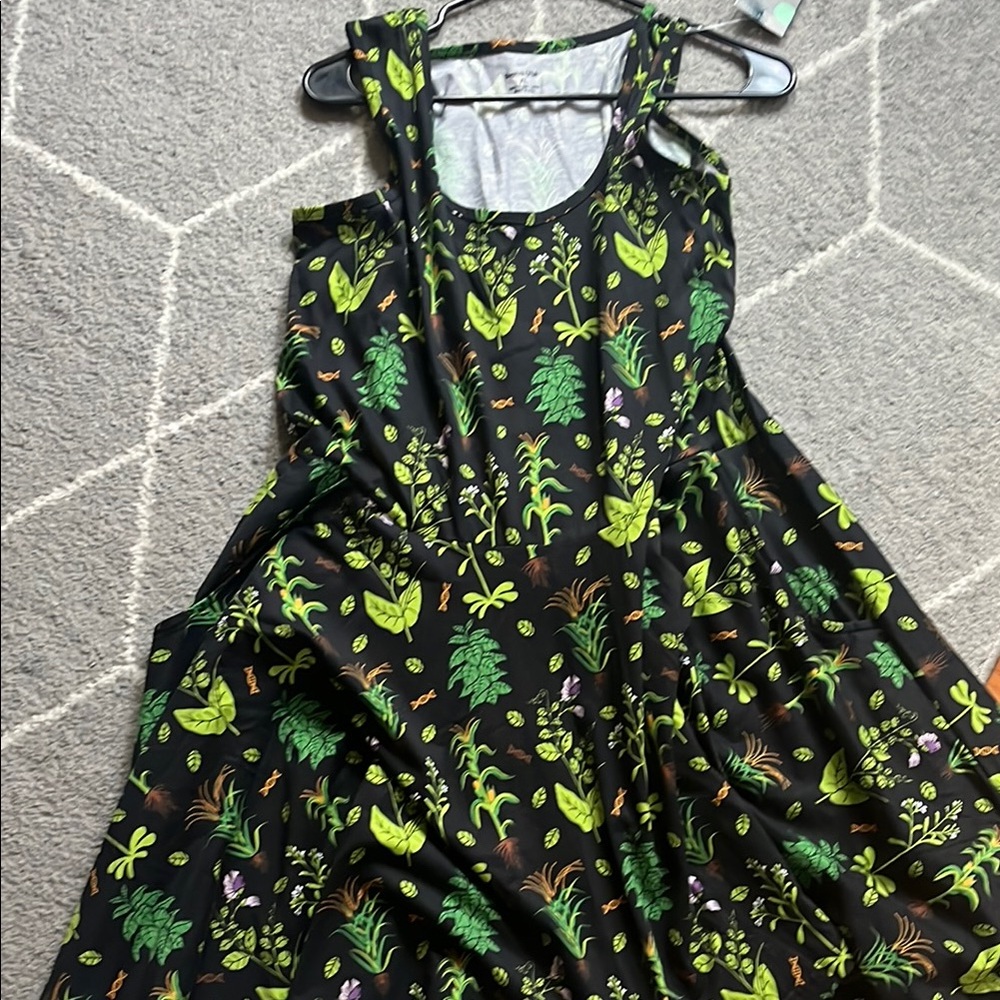 Floral Green and Black Midi Dress